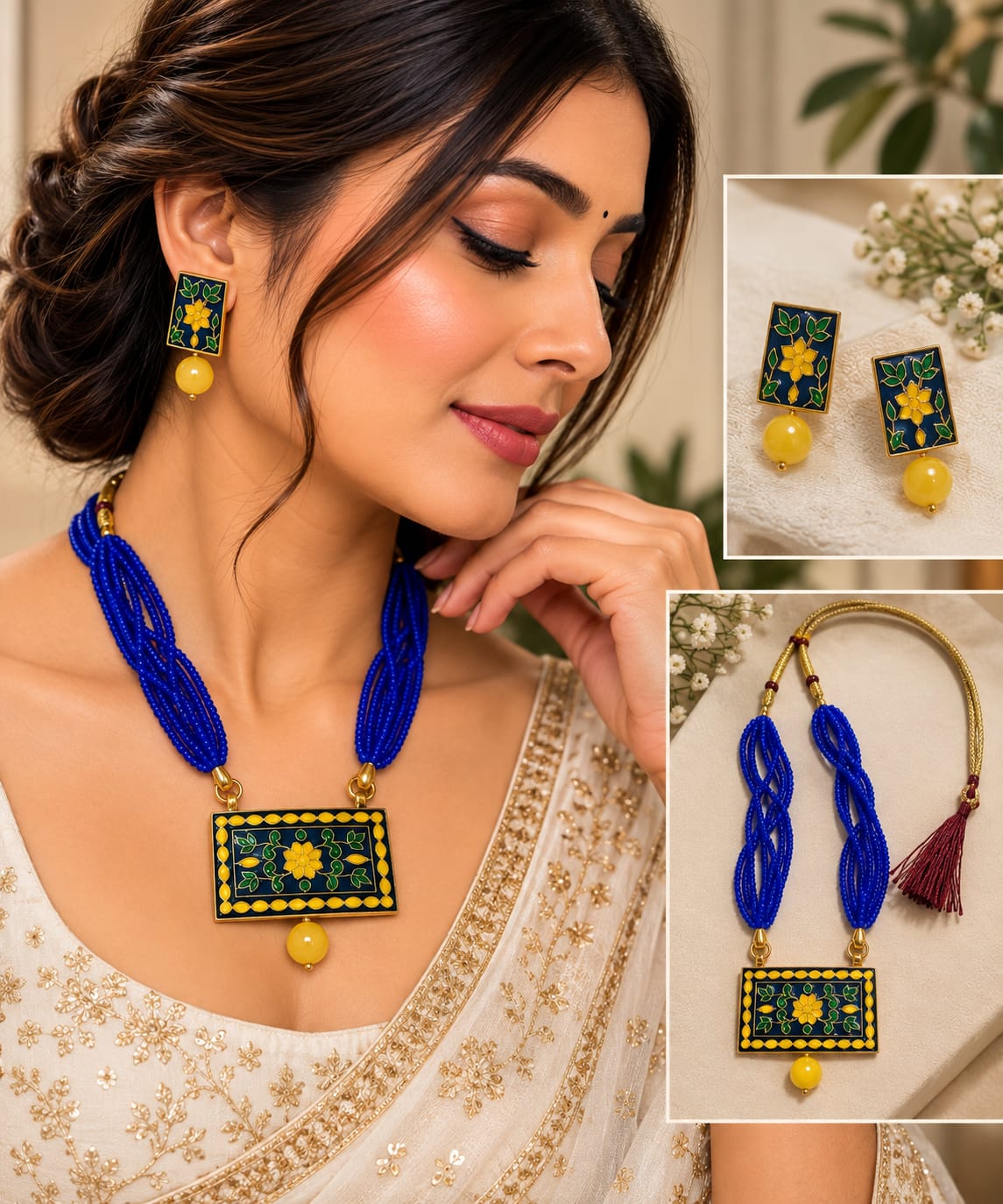 Blue & Yellow Meenakari Beaded Necklace Set with Matching Earrings for Women