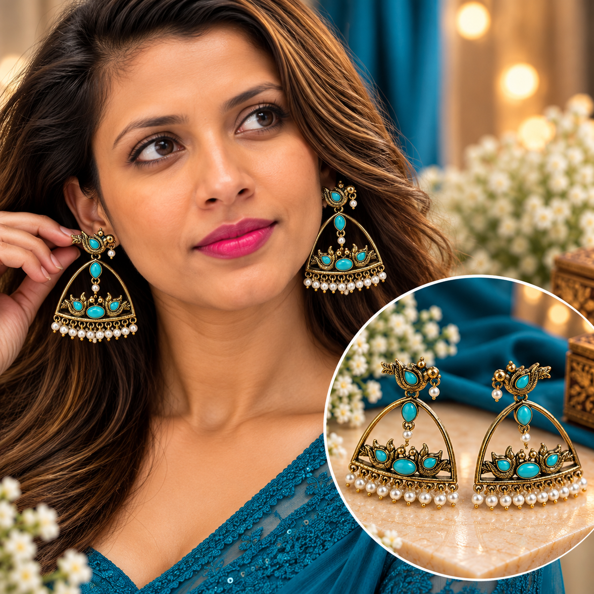 Emerald Green Bird Design Pearl Drop Statement Earrings for Women
