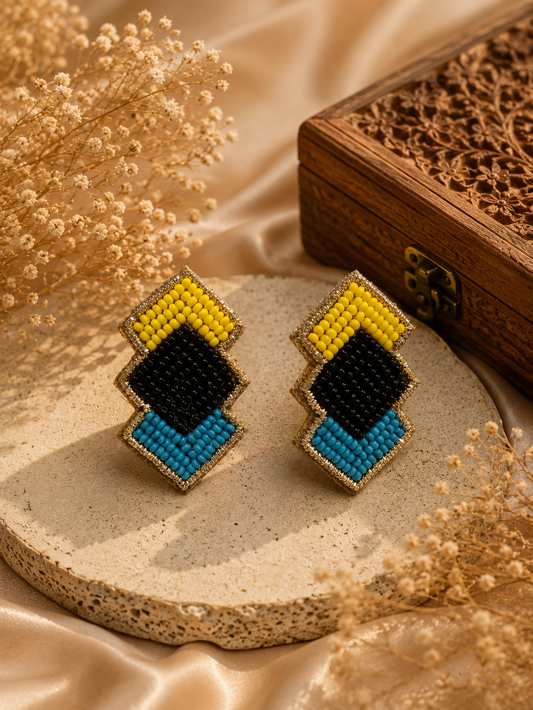 AmicaSlexia Geometric Beaded Statement Stud Earrings – Multicolor