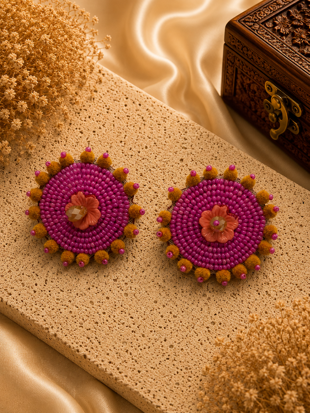 Amicaslexia Handmade Pink Floral Beaded Statement Earrings