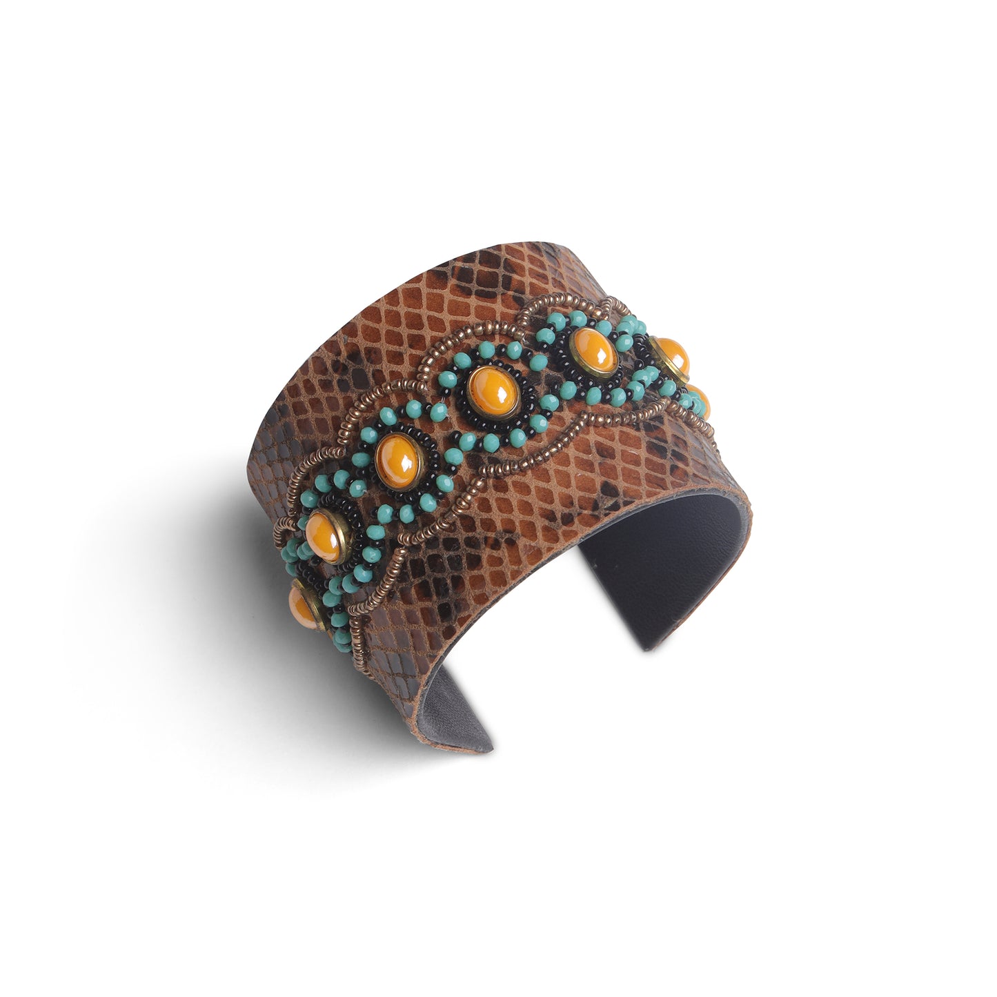 Turquoise & Amber Stone Embellished Textured Cuff Bangle for Women