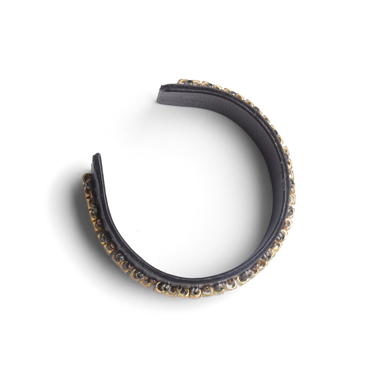 Handcrafted Black Cuff Bangle with Gold Beads & Green Stone Detailing