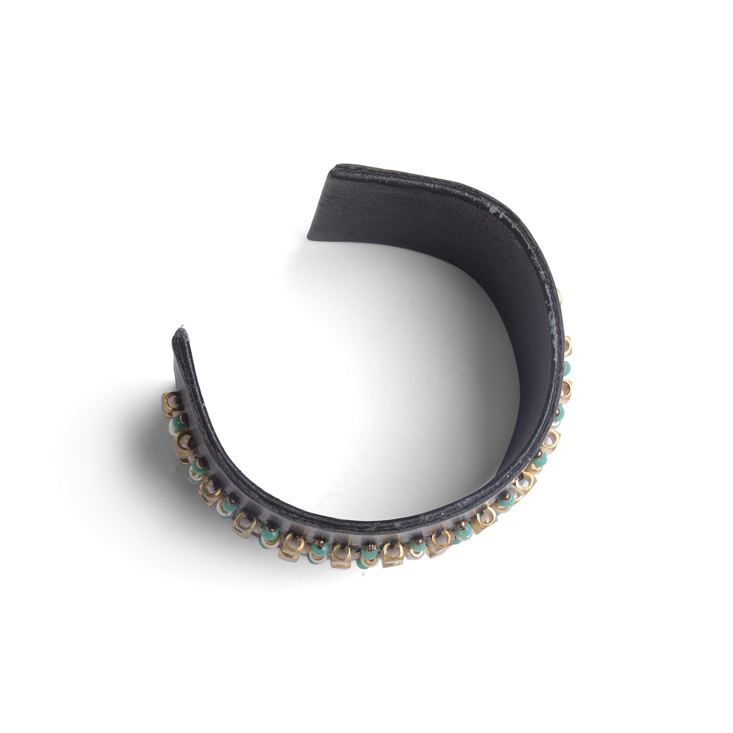 Handcrafted Black Cuff Bangle with Gold Beads