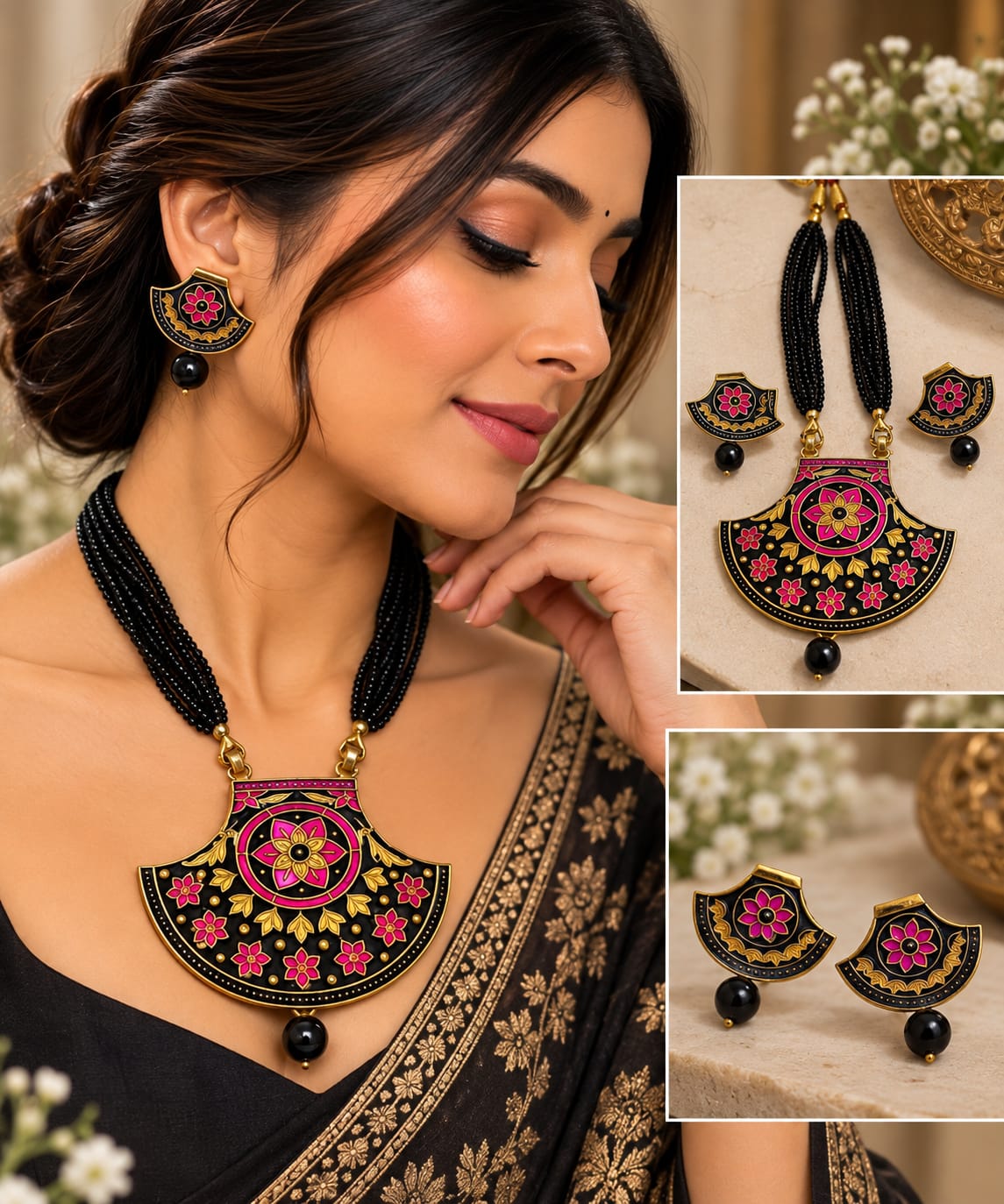 Black Meenakari Statement Necklace & Earrings Set for Women