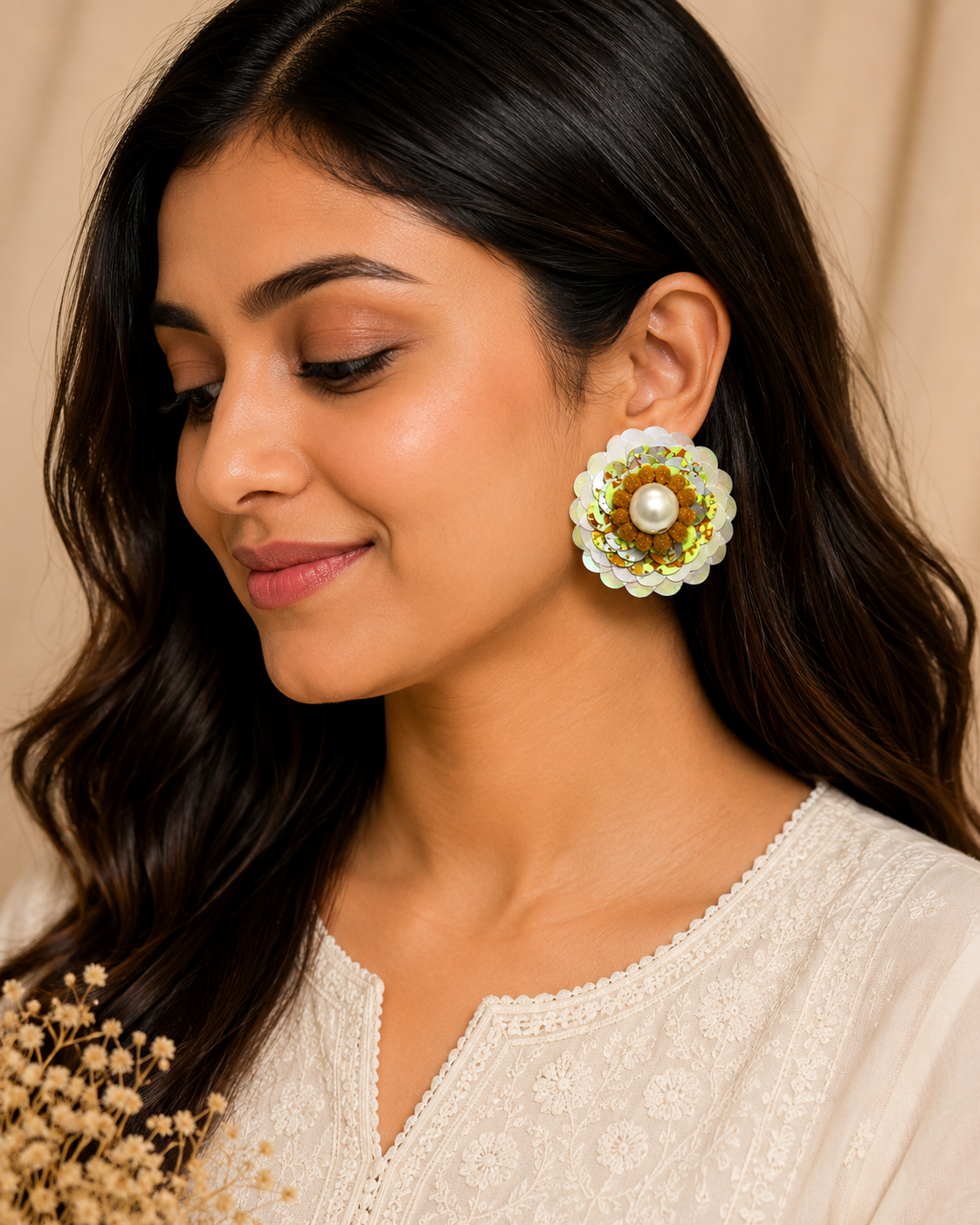 Amica Slexia Pearl Bloom Sequin Flower Statement Earrings