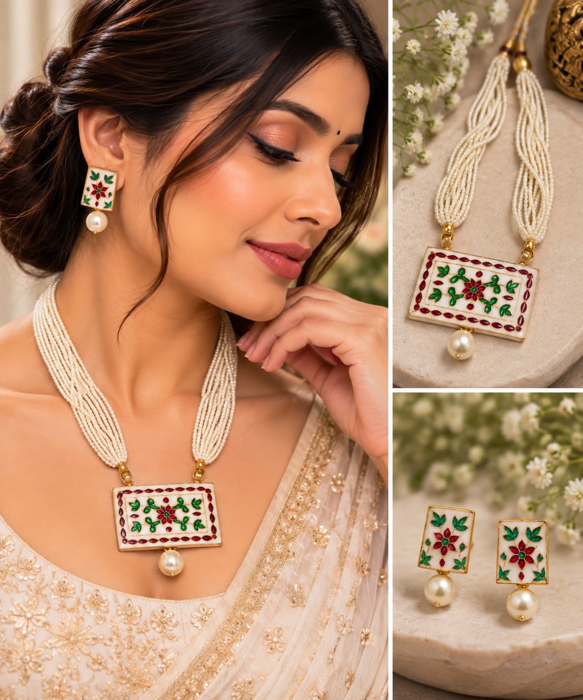 White Pearl Meenakari Necklace & Earrings Set for Women