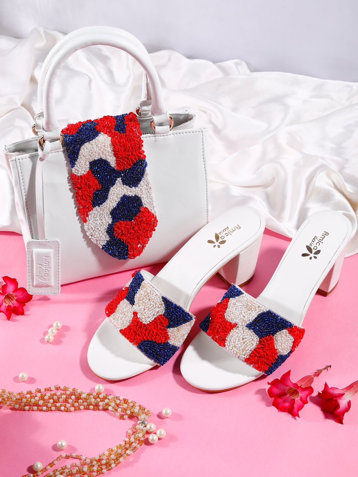 White Woolly Designer Handbag and Heels Set