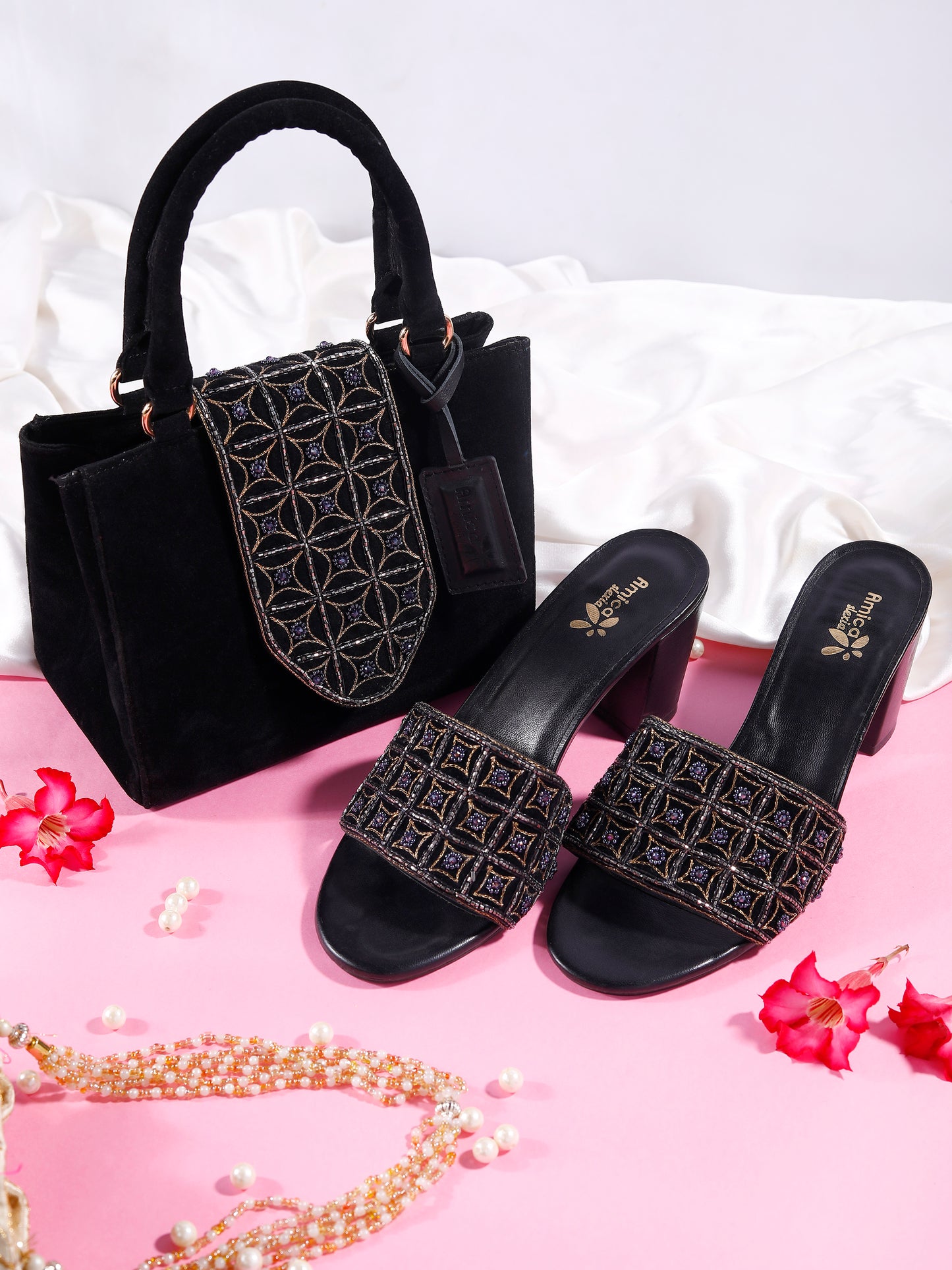 Black Jaipuri Designer Handbags and Heels Party Set