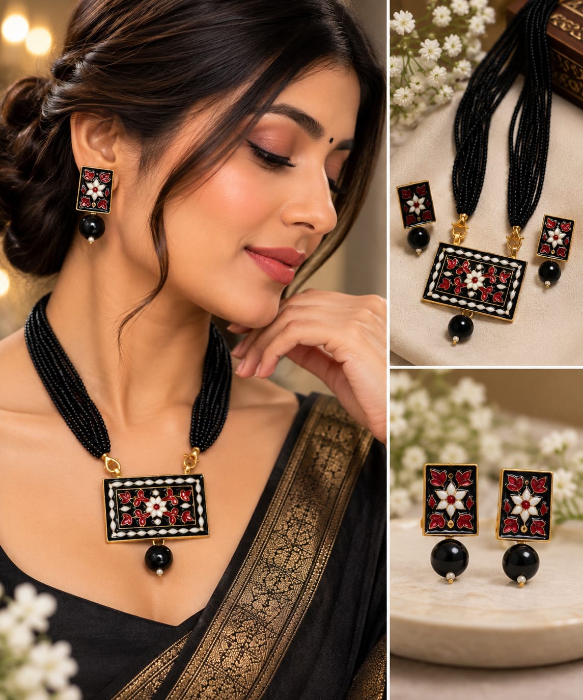 Black Meenakari Multi-Strand Necklace & Earrings Set for Women