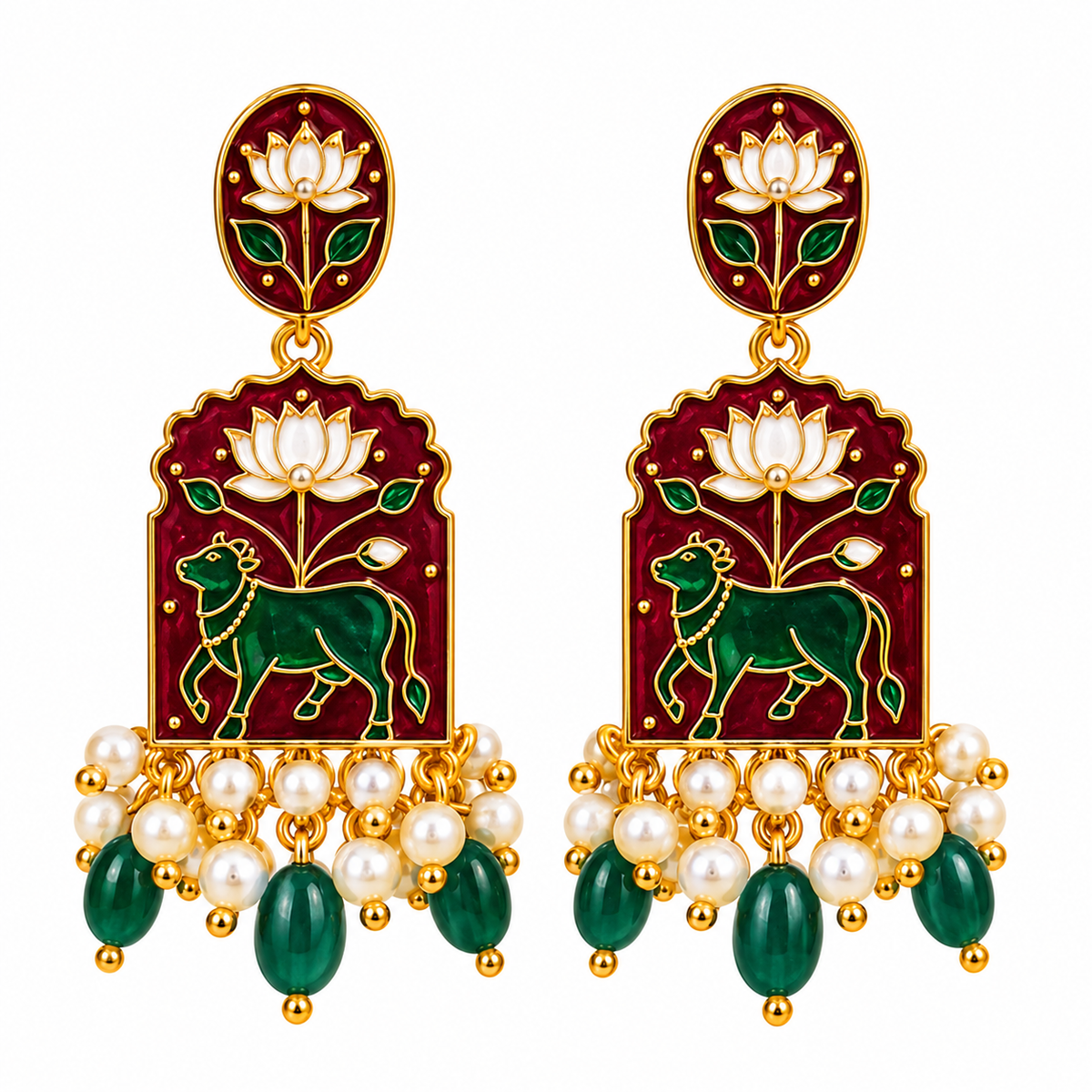 Amica Slexia Maroon & Green Lotus Elephant Statement Earrings for Women