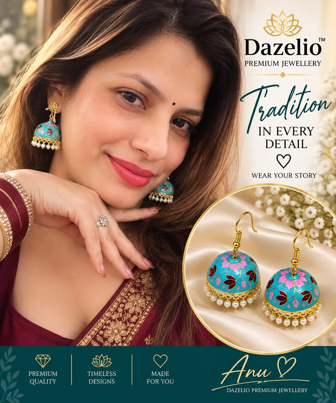 Amica Slexia Turquoise Meenakari Jhumka Earrings with Pearl Drops