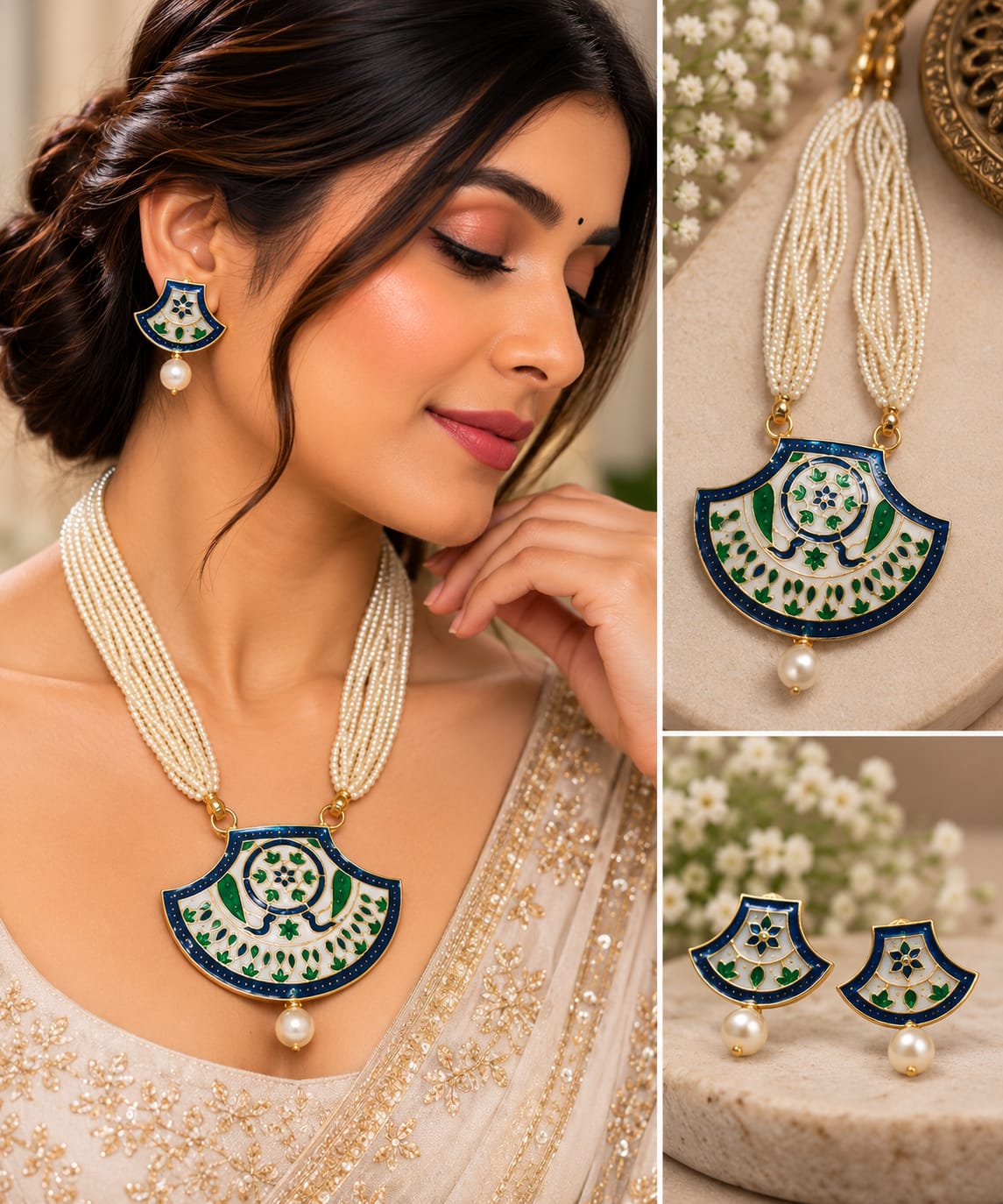 Blue & White Meenakari Multi-Strand Necklace & Earrings Set for Women