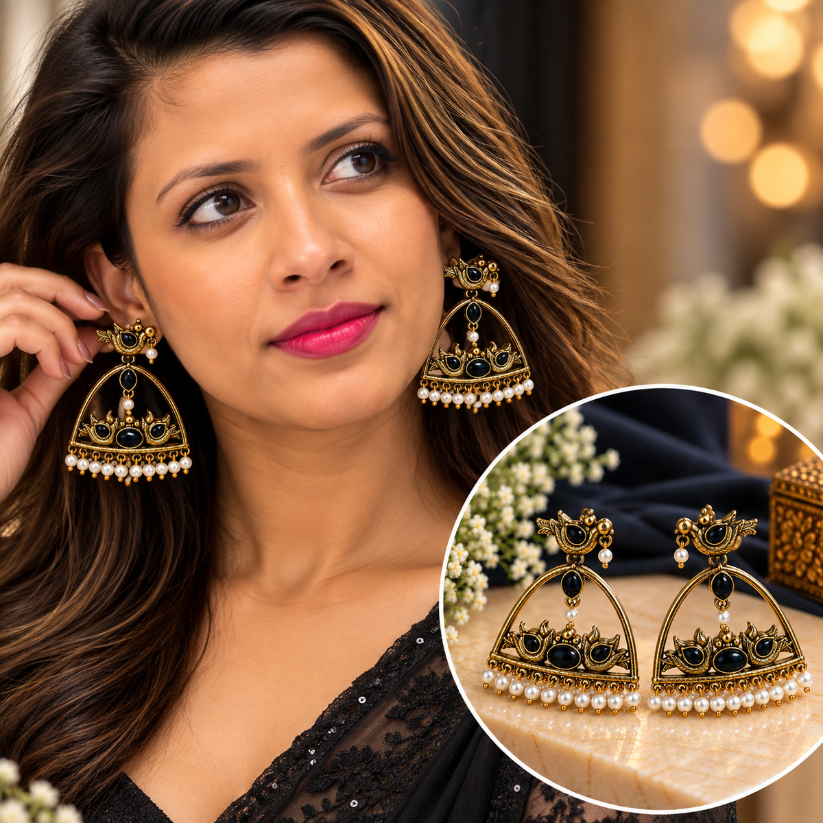 Black Bird Design Pearl Drop Statement Earrings for Women