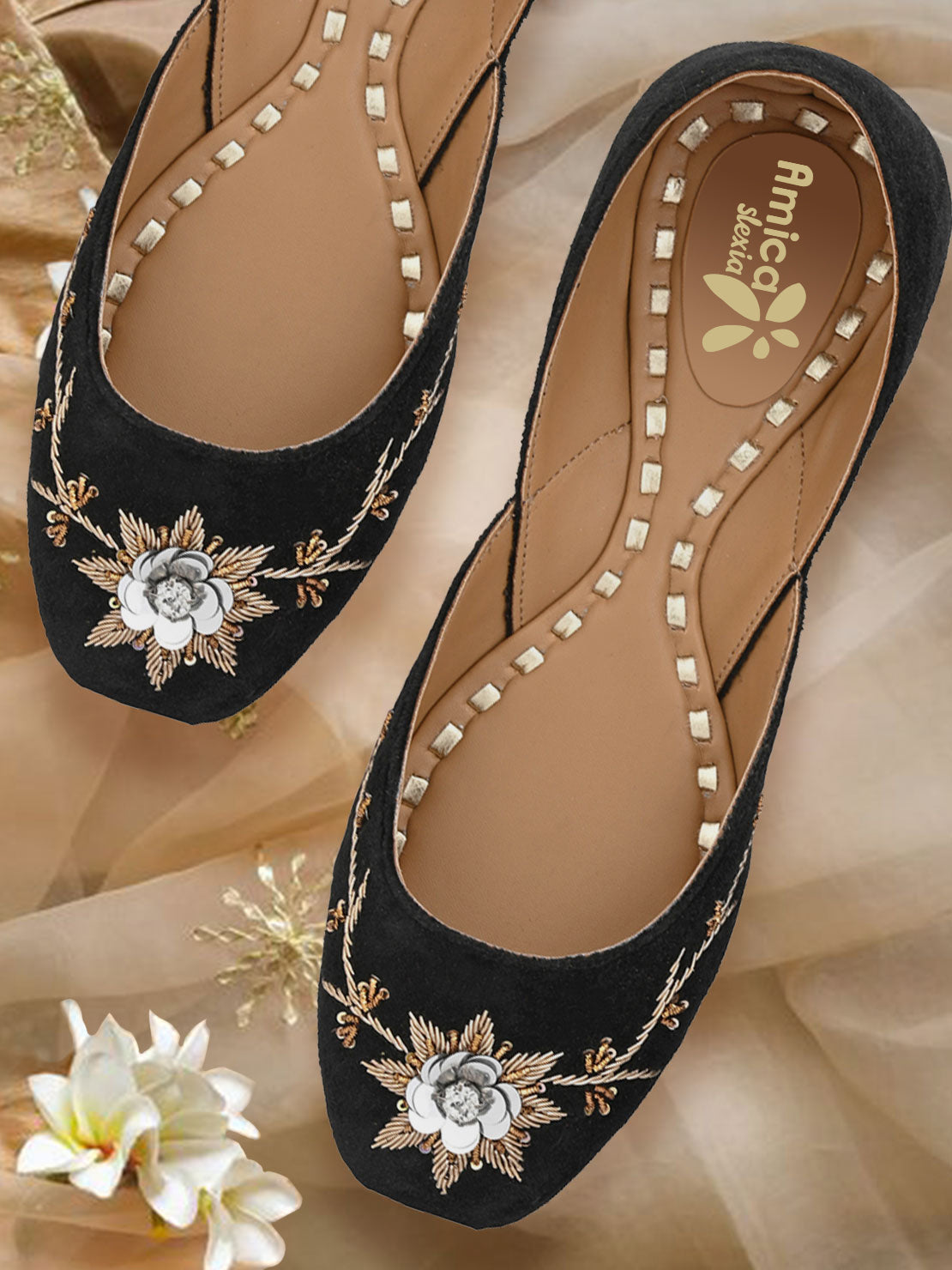 Amica Slexia Black & Gold Floral Embroidered Women’s Jutti