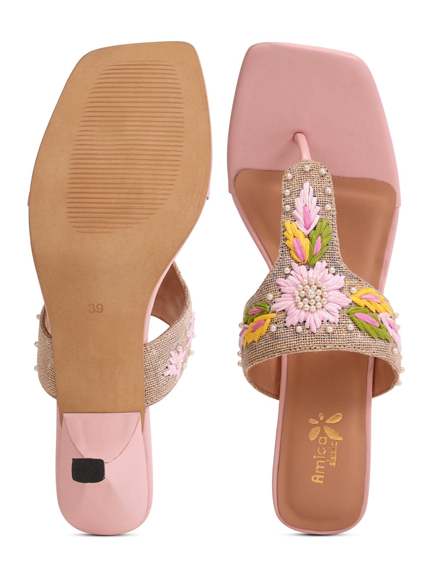 Women’s Pink Embroidered Ethnic Heeled Slip-On Sandals