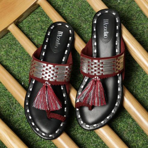 Women’s Ethnic Tassel Flat Sandals with Metallic Detailing