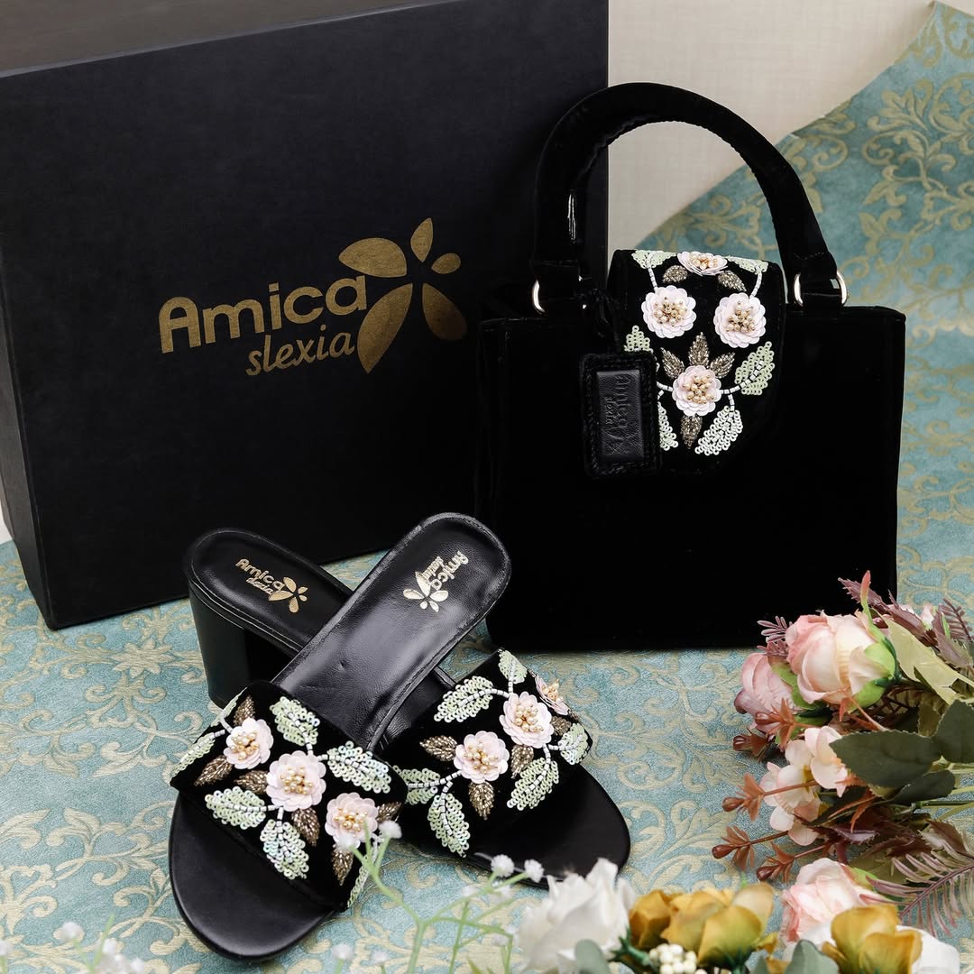 Black Velvet Heels & Matching Floral Embellished Handbag Set
