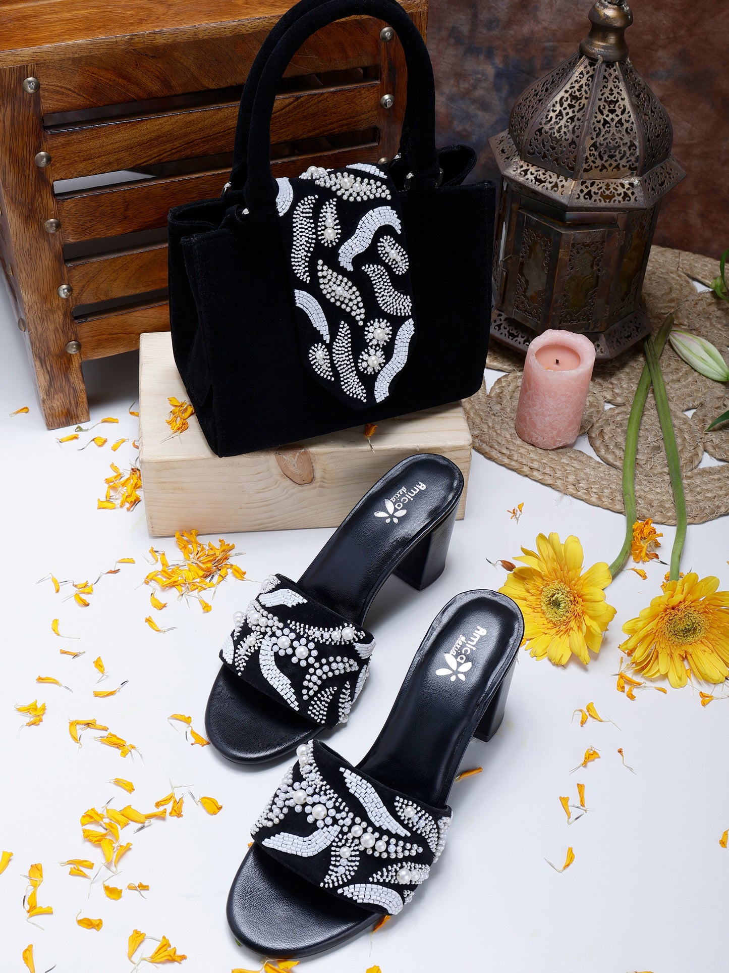 Black Designer Heels and Handbag Party Set