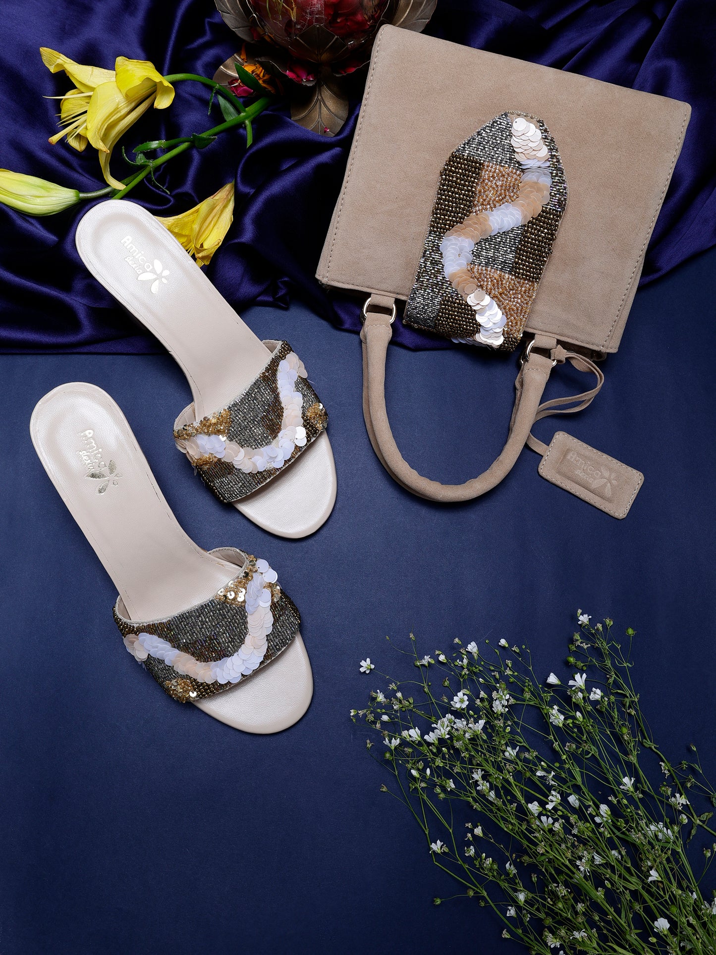 Beige Designer Handbag and Heels Party Set