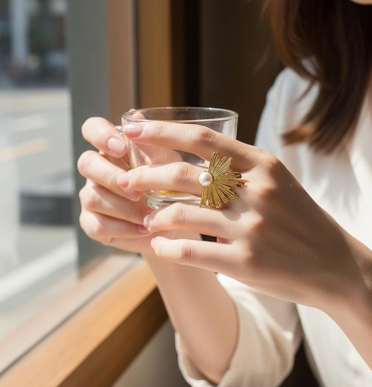 DAZELIO Gold Sunburst Pearl Statement Ring for Women