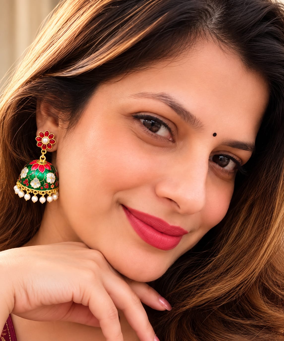 Green Floral Meenakari Jhumka Earrings with Pearl Drops for Women