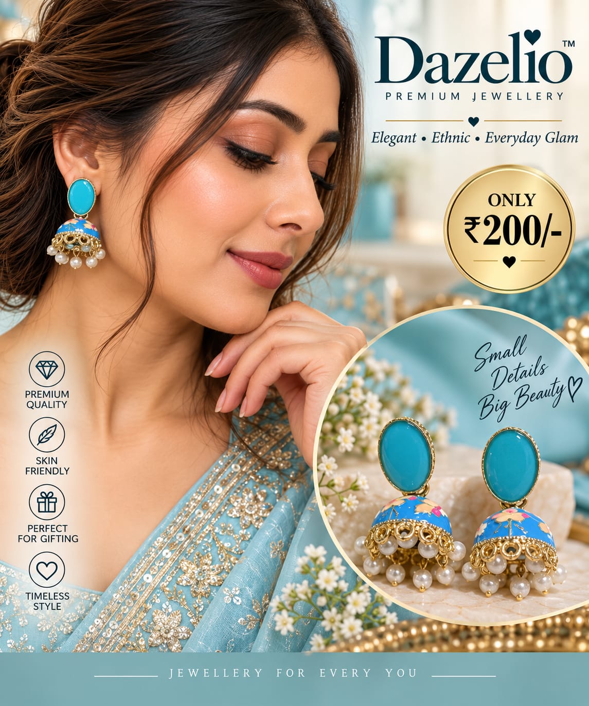 Blue Floral Pearl Jhumka Earrings for Women