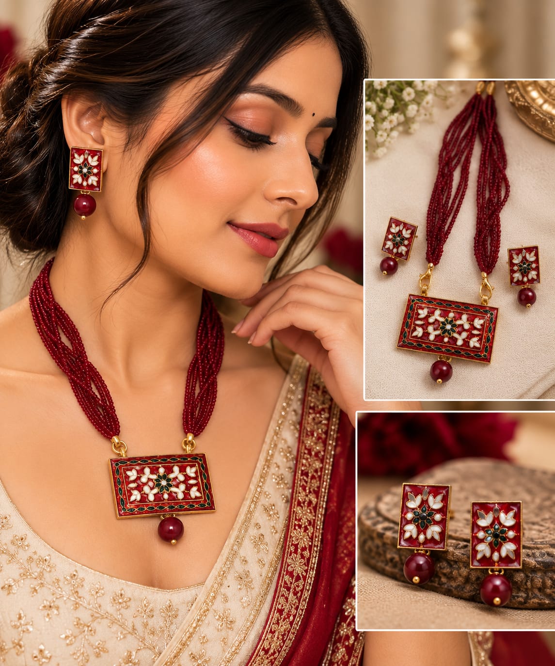 Red Meenakari Multi-Strand Necklace & Earrings Set for Women
