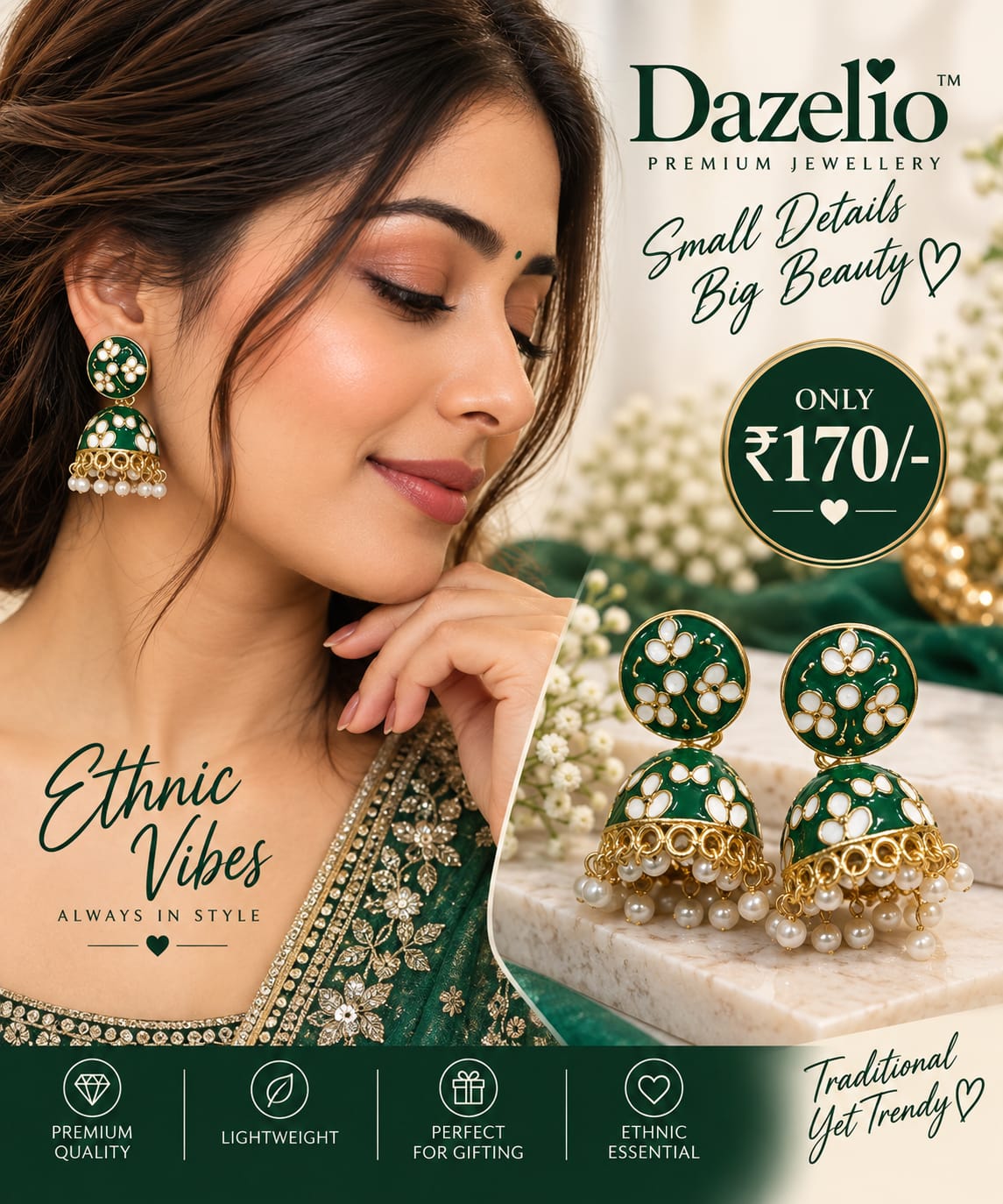 Green Floral Pearl Jhumka Earrings for Women