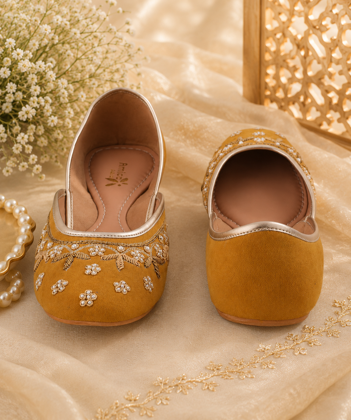 AmicaSlexia Women Mustard Embroidered Jutti