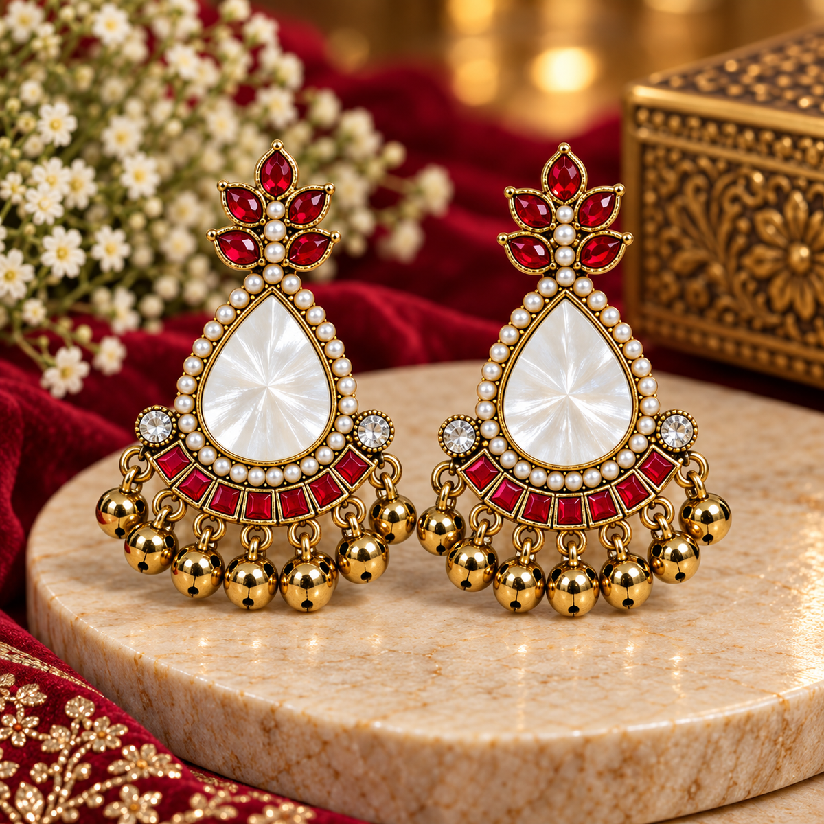 Red & White Pearl Statement Chandbali Earrings for Women