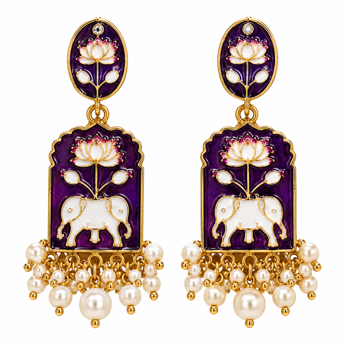 Purple & Gold Elephant Floral Statement Earrings for Women