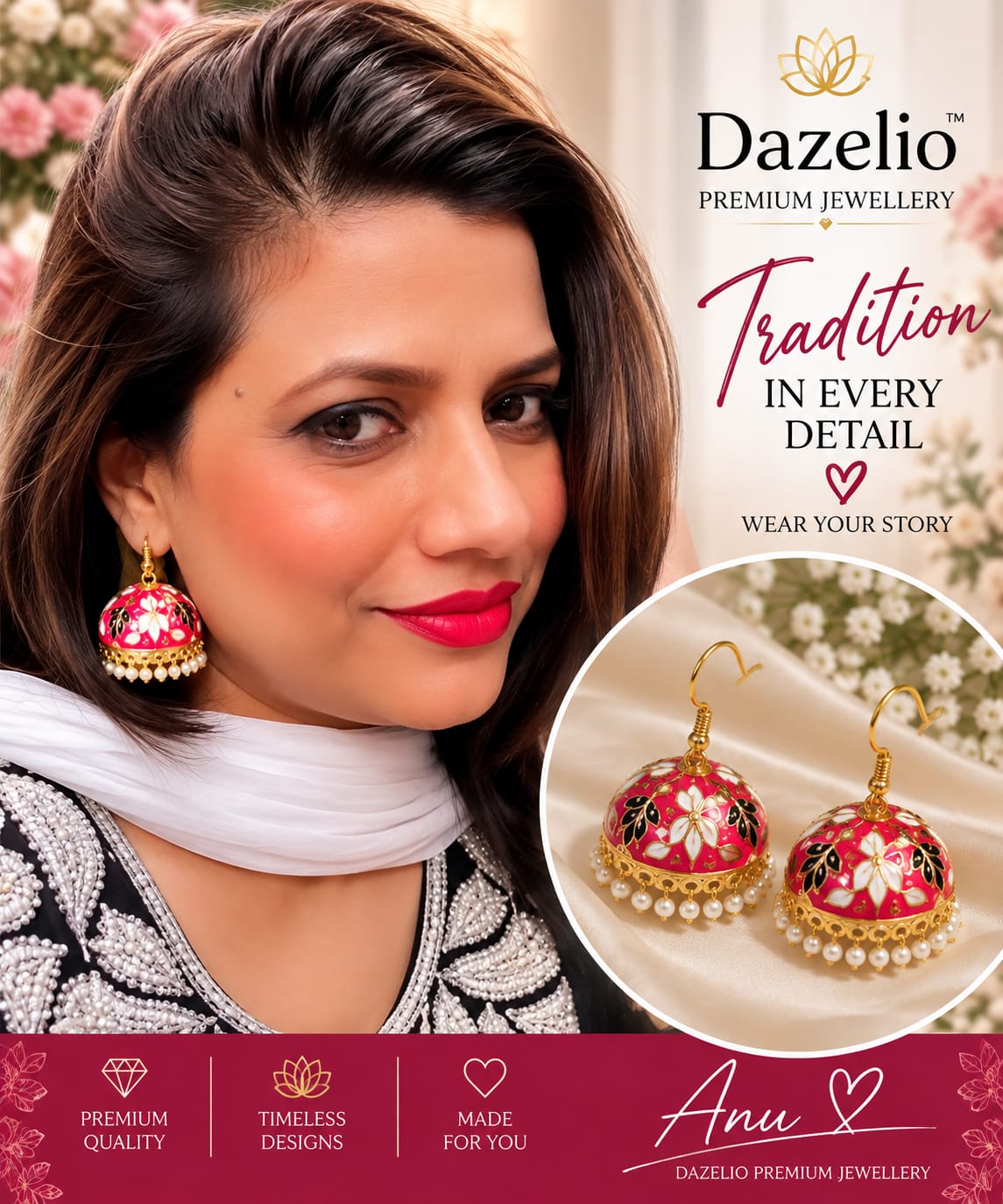 Amica Slexia Pink Meenakari Jhumka Earrings with Pearl Drops