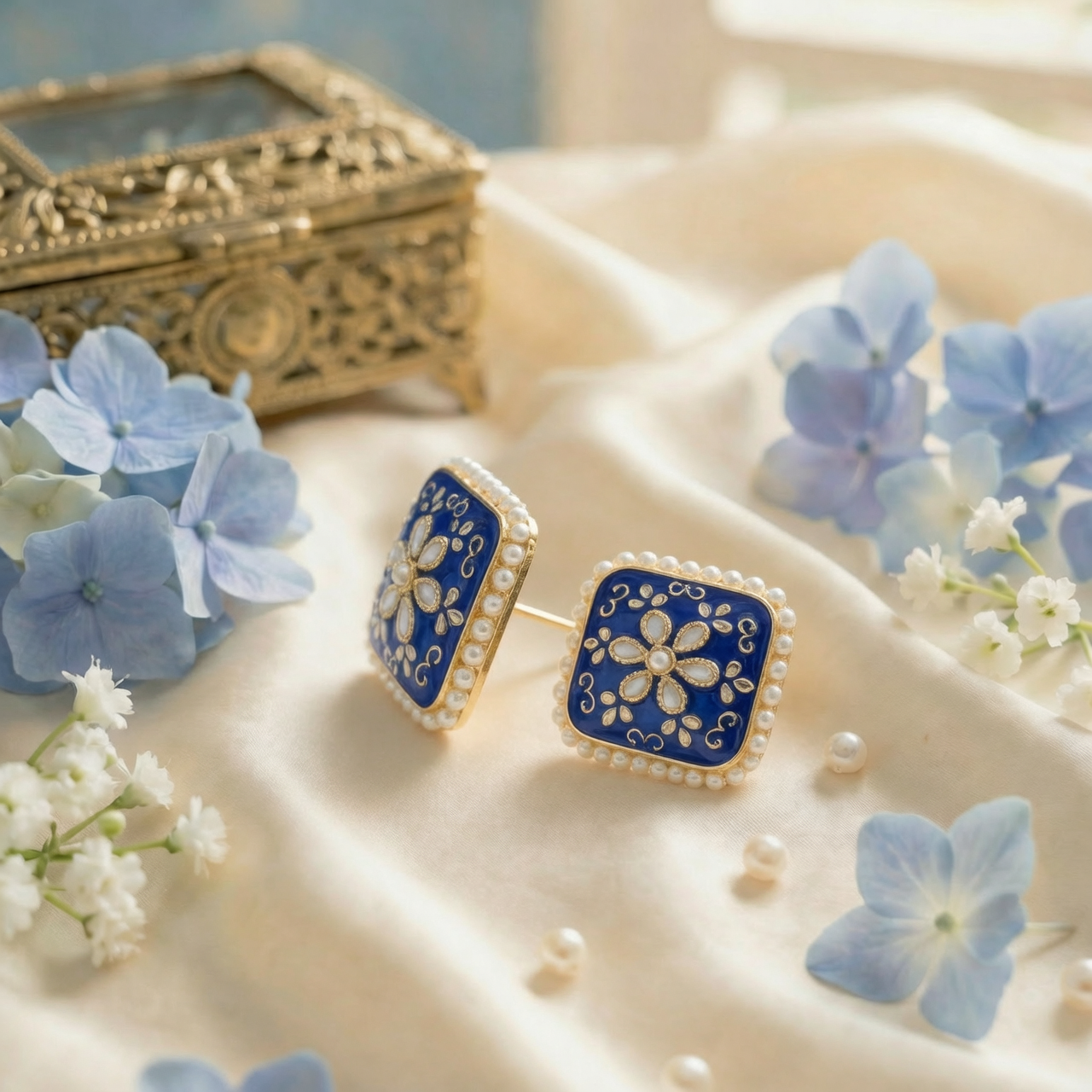 Dazelio Teal Blue Kundan Floral Stud Earrings for Women