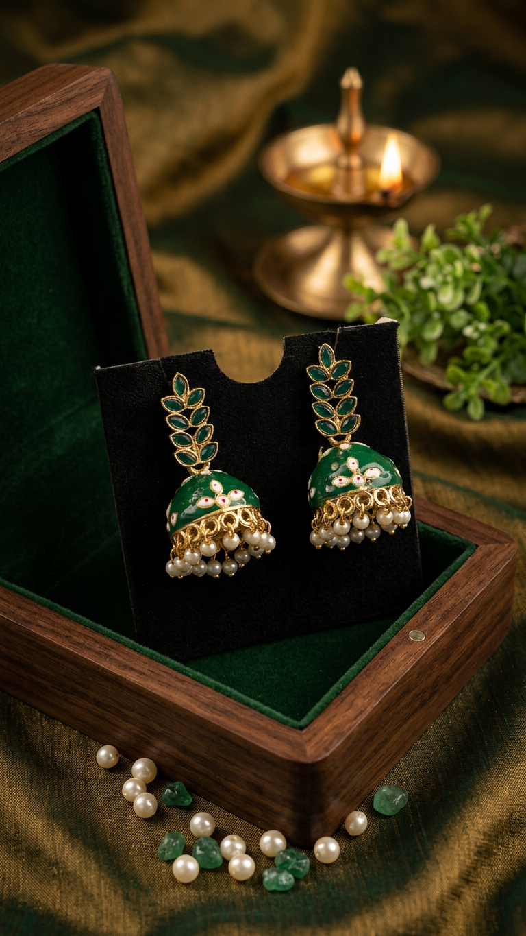 Dazelio Green Meenakari Pearl Drop Jhumka Earrings for Women