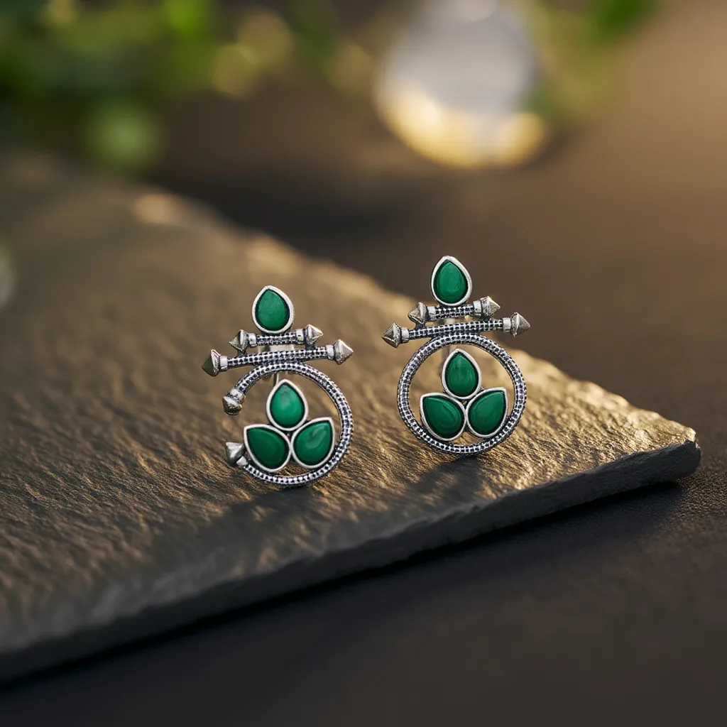 Oxidised Silver Floral Stud Earrings with Green Stone