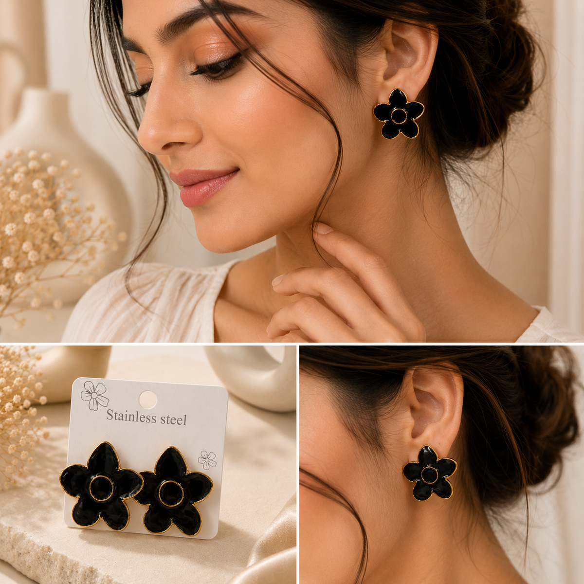 Dazelio Black Floral Stud Earrings for Women (Copy)