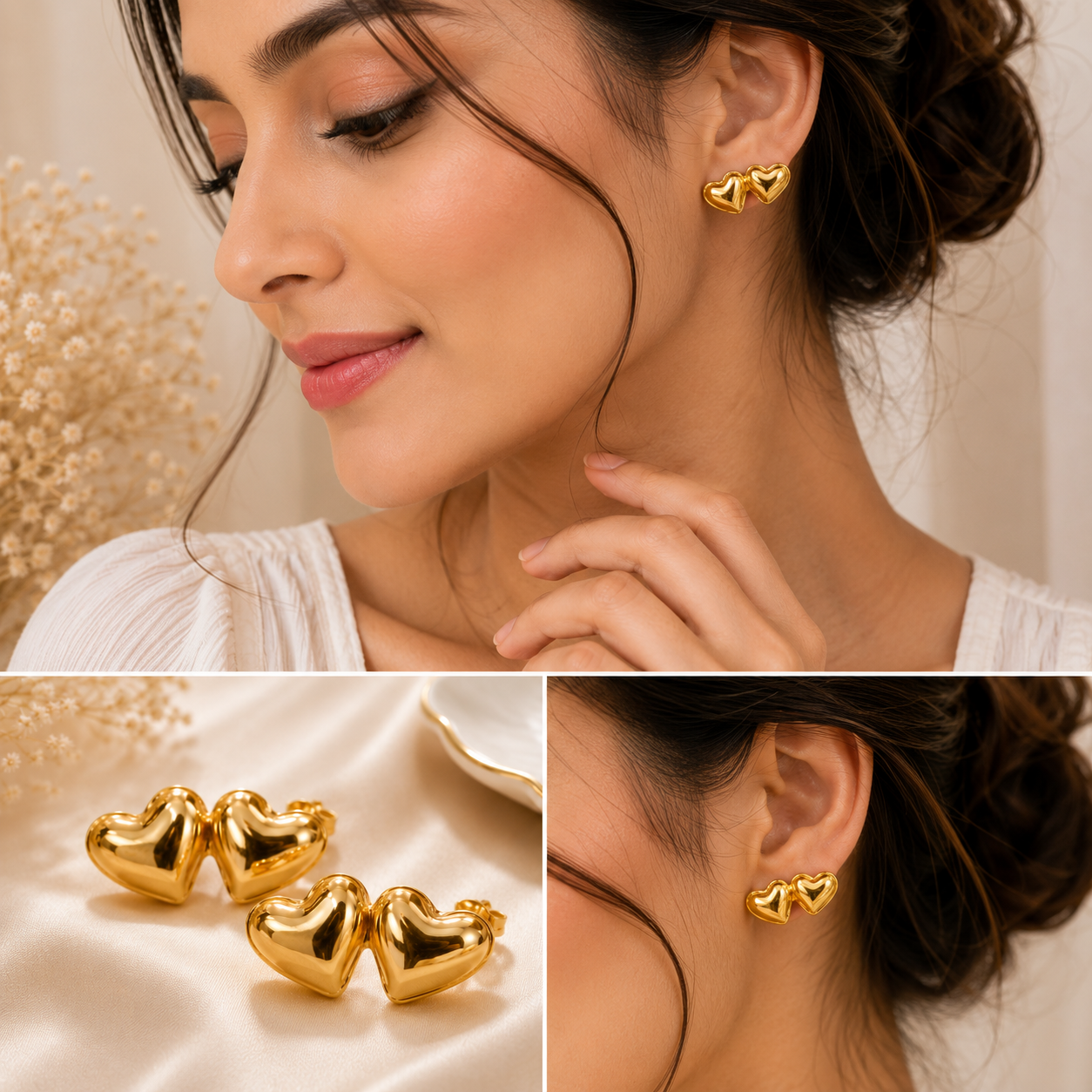 Dazelio Gold-Tone Double Heart Stud Earrings for Women