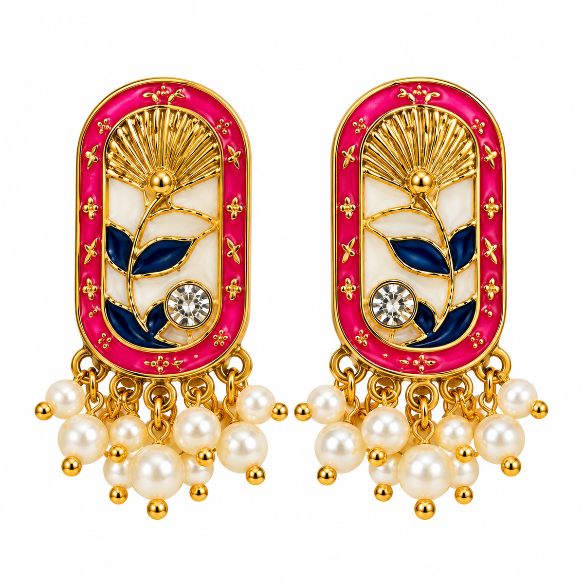 Amica Slexia Pink & Blue Floral Pearl Drop Earrings for Women