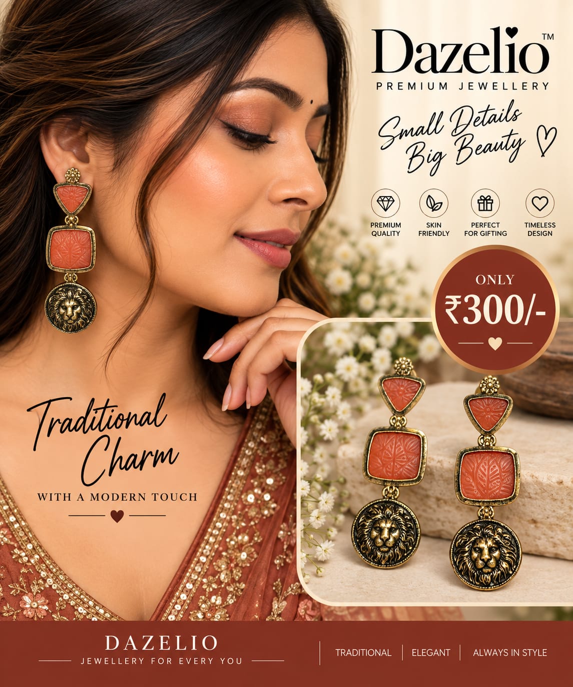 Orange & Black Lion Statement Drop Earrings for Women