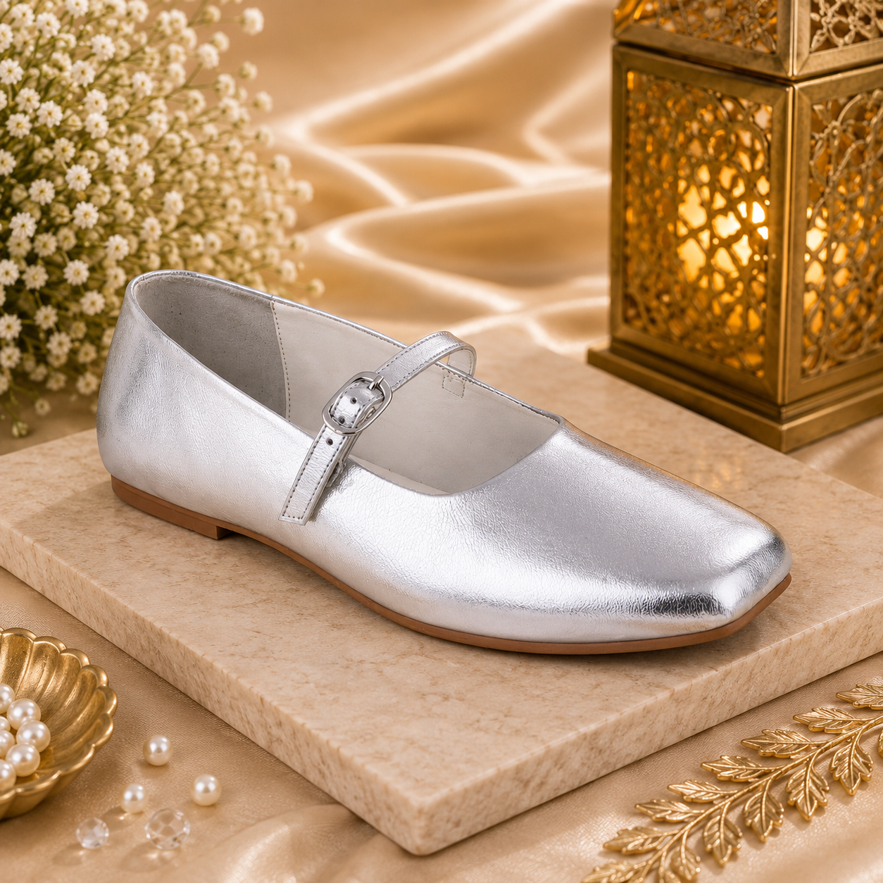 Women’s Silver Metallic Strap Ballerinas Flats
