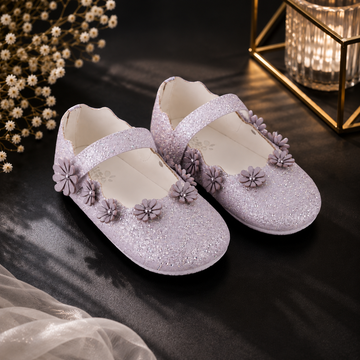 AmicaSlexia Girls White Glitter Floral Ballerina Flats