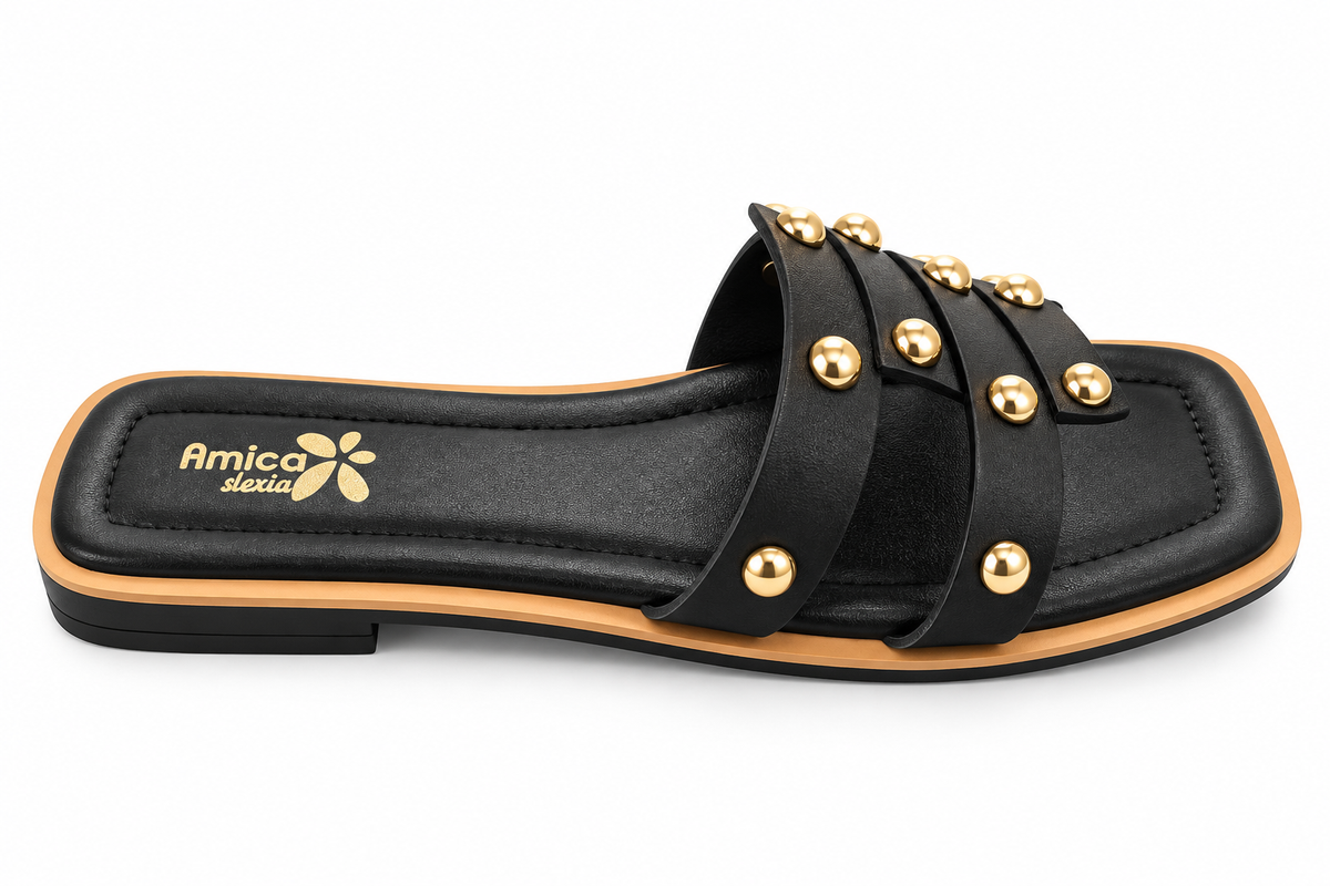 Women’s Black Flat Sandals with Golden Studs