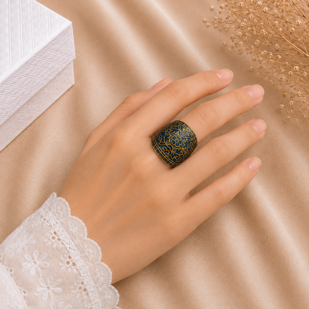 Elegant Black & Gold Floral Statement Ring for Women