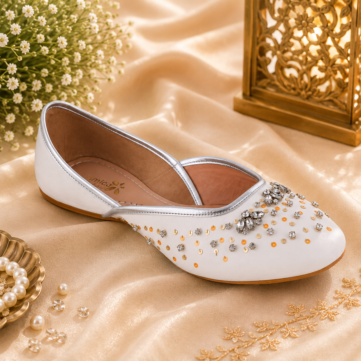 Amica Slexia Ivory Pearl & Stone Embellished Designer Jutti
