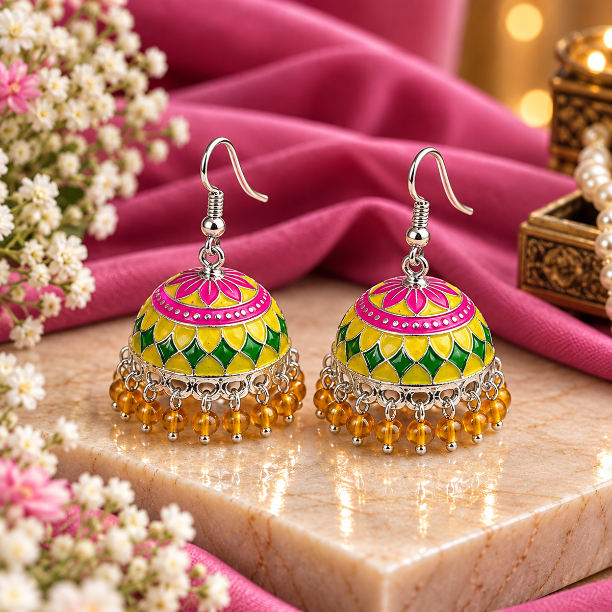 Multicolor Enamel Jhumka Earrings with Yellow Beaded Drops