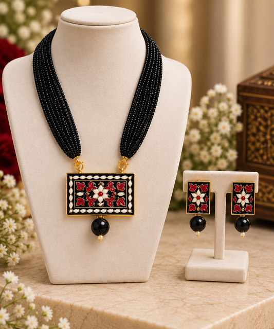 Black Meenakari Multi-Strand Necklace & Earrings Set for Women