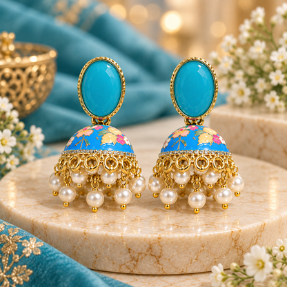 Blue Floral Pearl Jhumka Earrings for Women