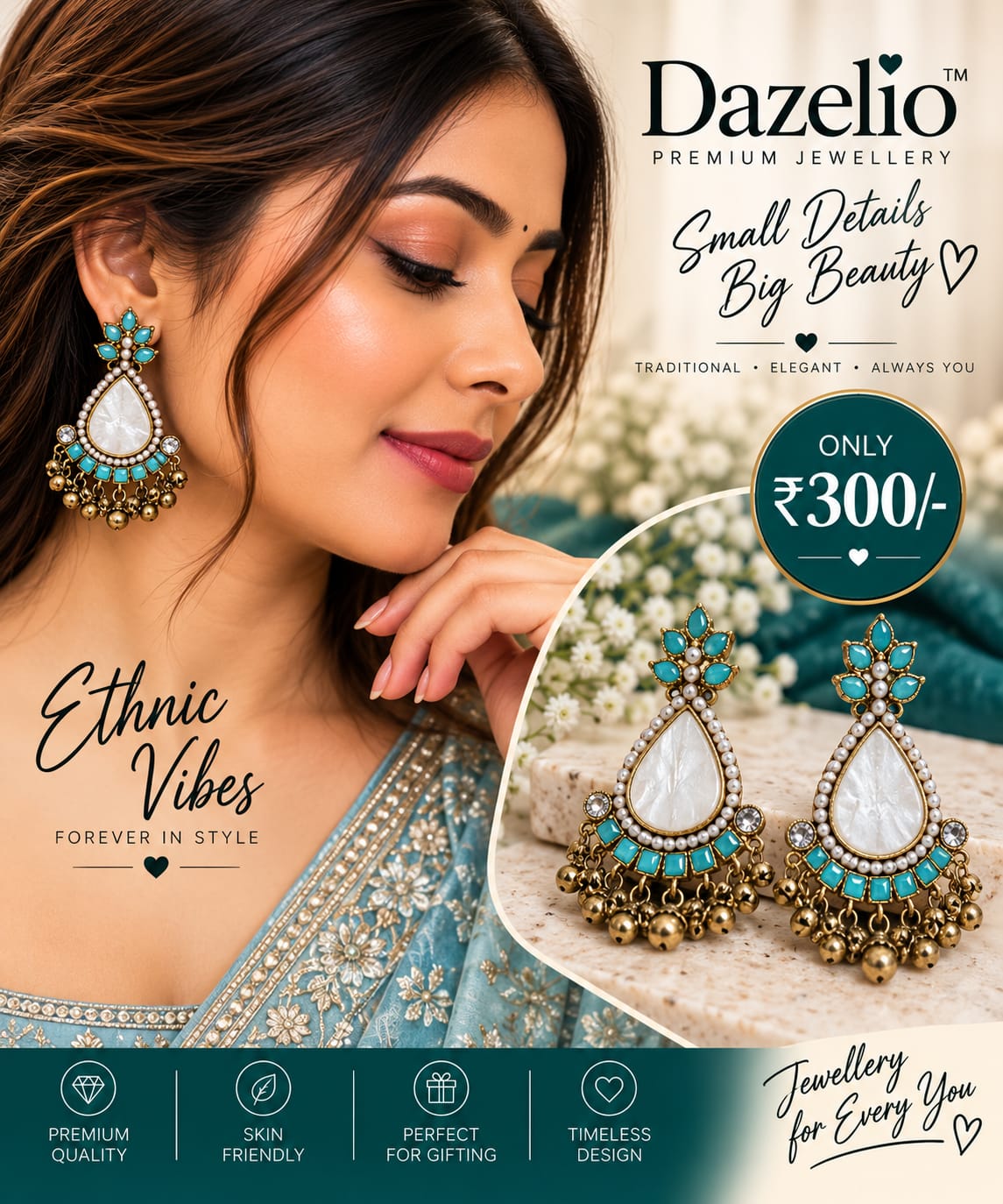 Turquoise & White Pearl Statement Chandbali Earrings for Women