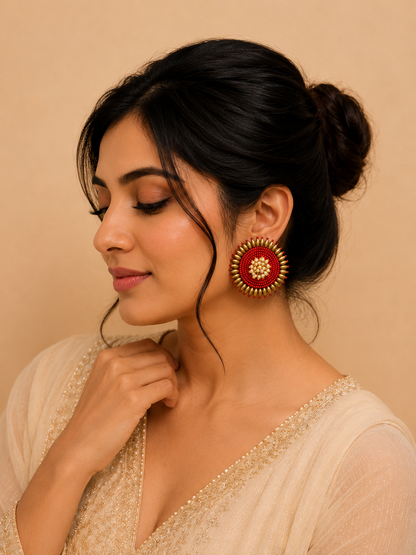 Amicaslexia Handmade Red & Gold Pearl Statement Earrings