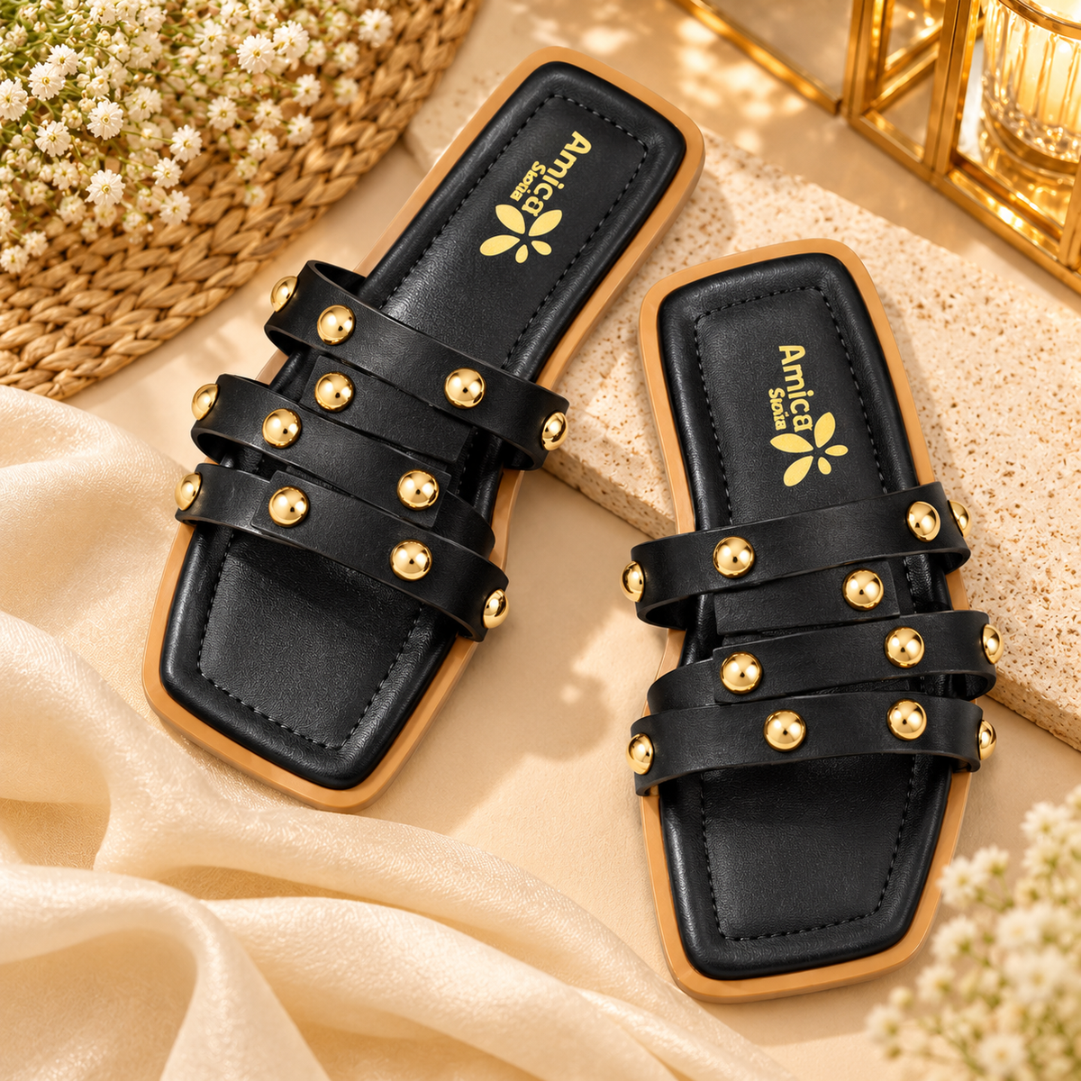 Women’s Black Flat Sandals with Golden Studs
